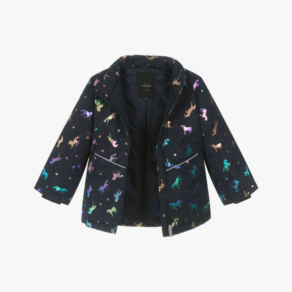 NAME IT-Girls Navy Blue Unicorn Print Padded Jacket | Childrensalon