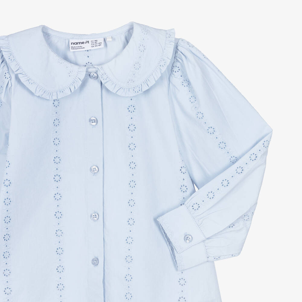 NAME IT-Girls Pale Blue Cotton Blouse | Childrensalon