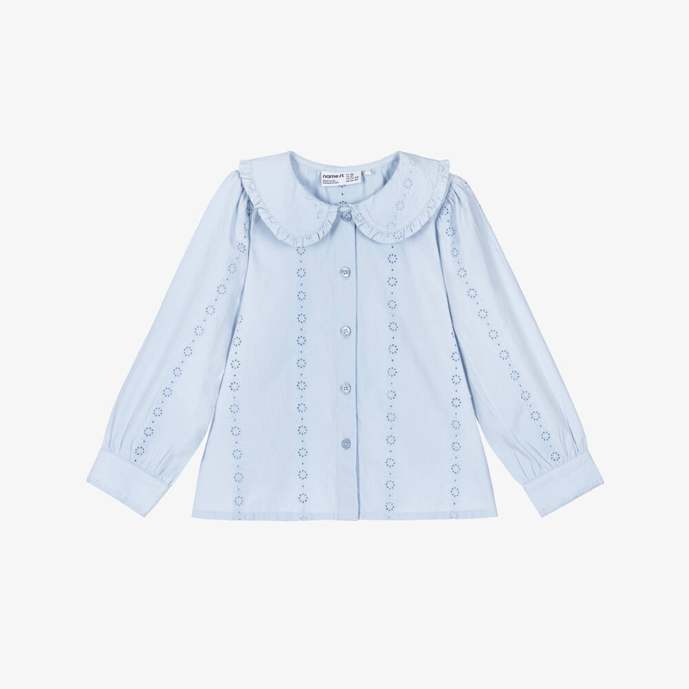 NAME IT-Girls Pale Blue Cotton Blouse | Childrensalon