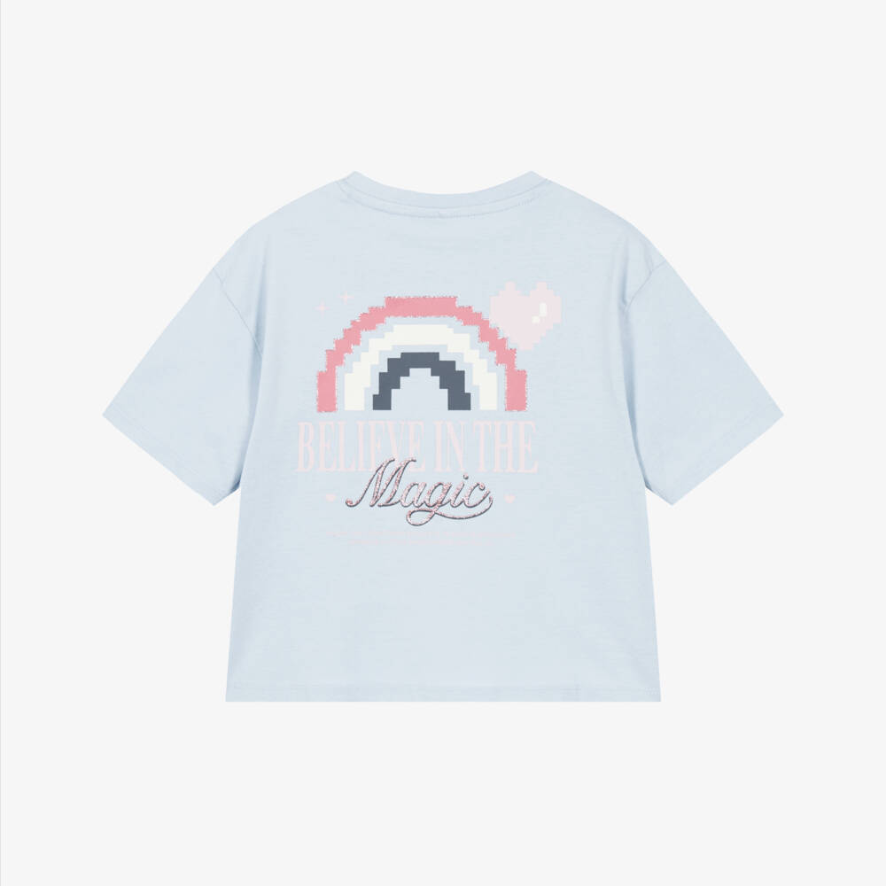 NAME IT-Girls Pale Blue Cotton T-Shirt with Rainbow Motif | Childrensalon