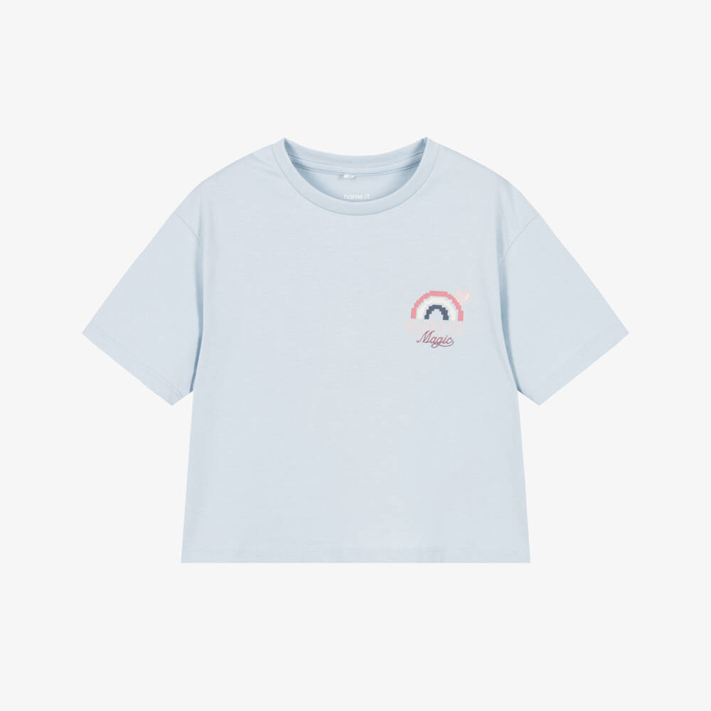 NAME IT-Girls Pale Blue Cotton T-Shirt with Rainbow Motif | Childrensalon