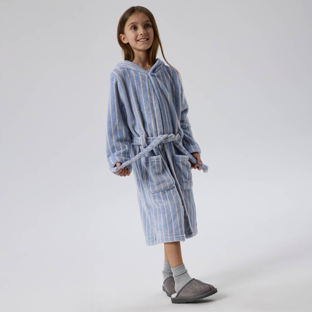 NAME IT-Girls Pale Blue Plush Dressing Gown with Pink Stripes | Childrensalon