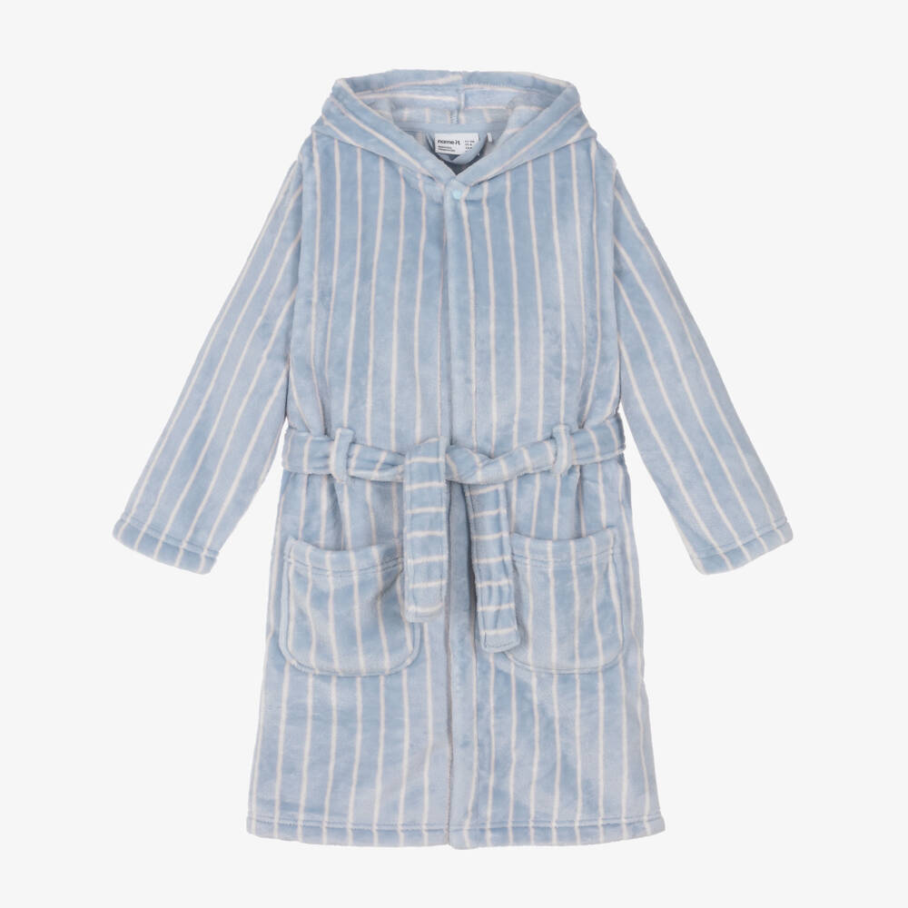 NAME IT-Girls Pale Blue Plush Dressing Gown with Pink Stripes | Childrensalon