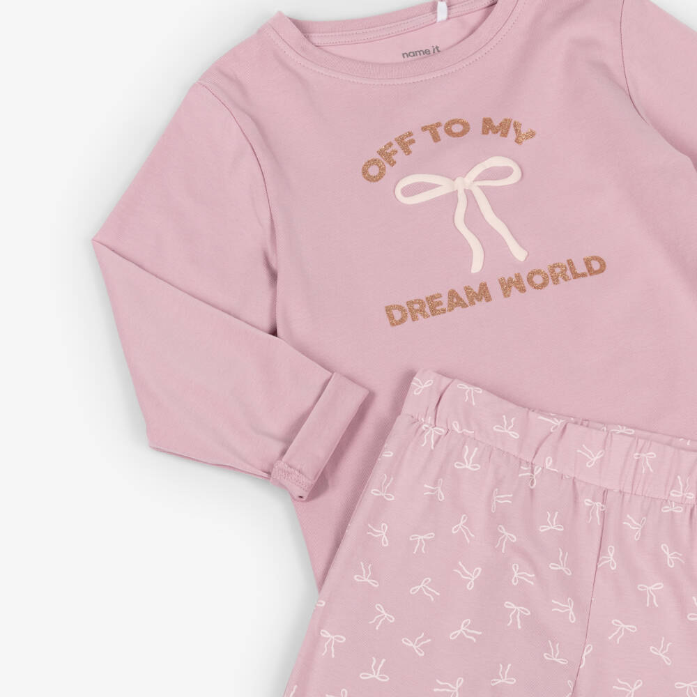 NAME IT-Girls Pale Pink Cotton Pyjamas with Bow Print | Childrensalon