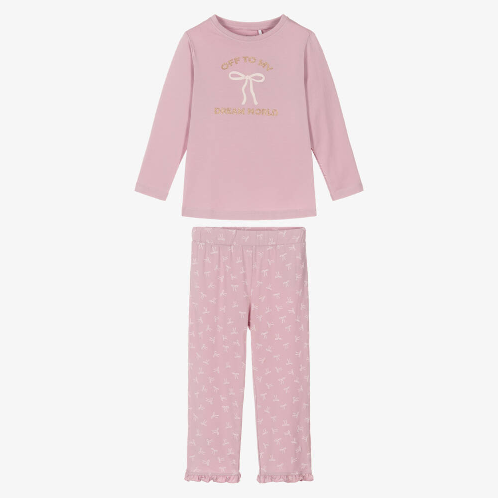 NAME IT-Girls Pale Pink Cotton Pyjamas with Bow Print | Childrensalon