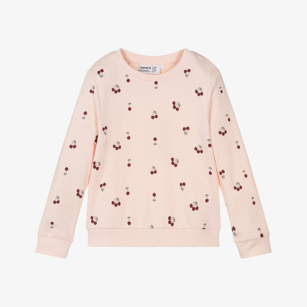 NAME IT-Girls Pale Pink Cotton Sweatshirt with Cherry Print | Childrensalon