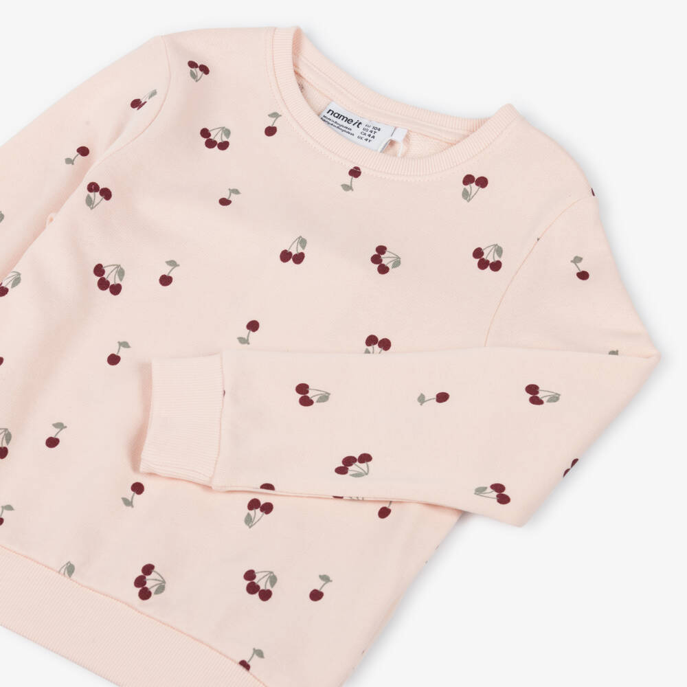 NAME IT-Girls Pale Pink Cotton Sweatshirt with Cherry Print | Childrensalon