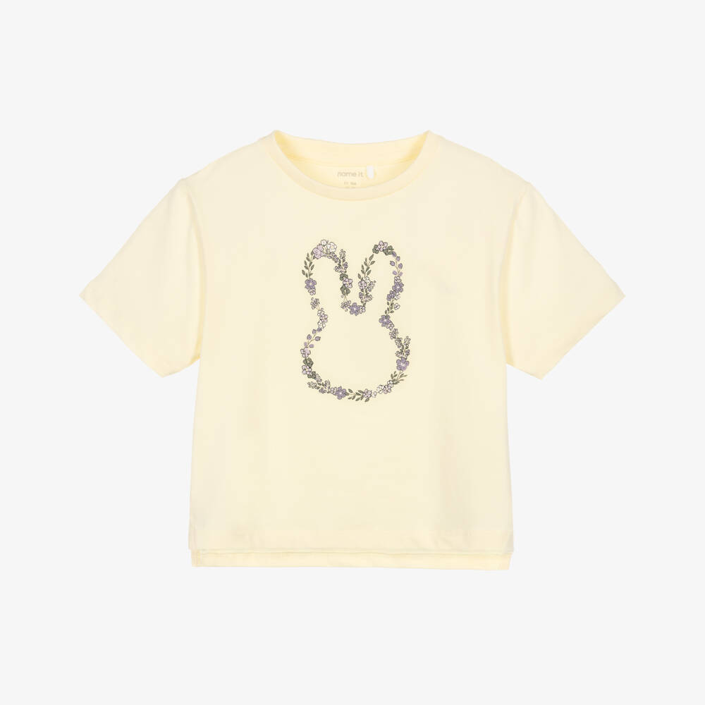 NAME IT-Girls Pale Yellow Organic Cotton Floral Rabbit T-Shirt | Childrensalon