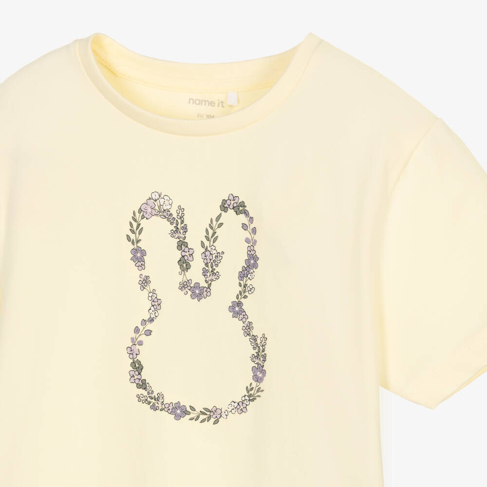 NAME IT-Girls Pale Yellow Organic Cotton Floral Rabbit T-Shirt | Childrensalon