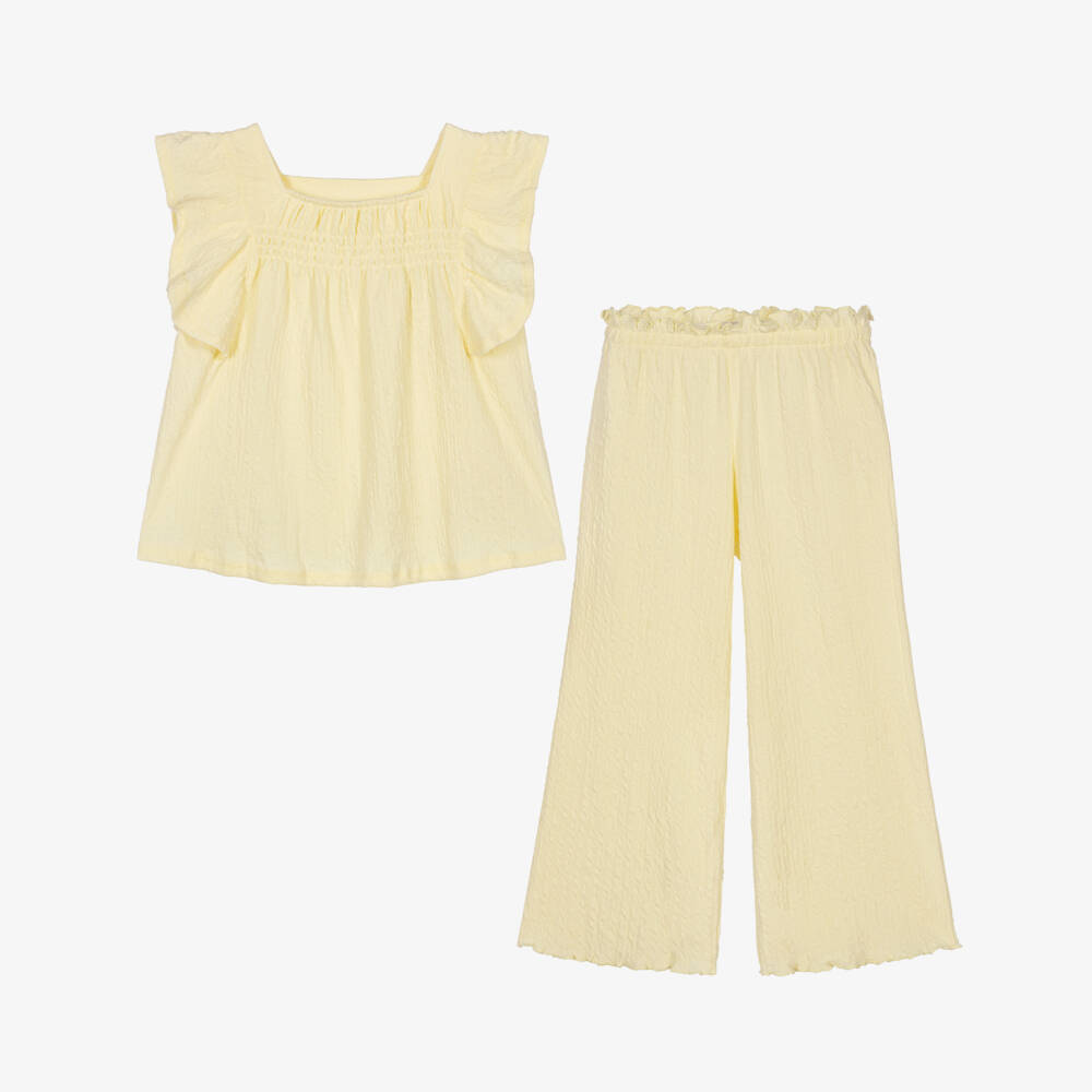 NAME IT-Girls Pale Yellow Textured Jersey Trouser Set | Childrensalon