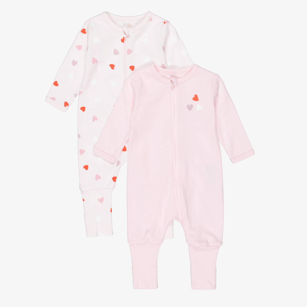 NAME IT-Girls Pink Cotton Babygrows with Hearts (2 Pack) | Childrensalon