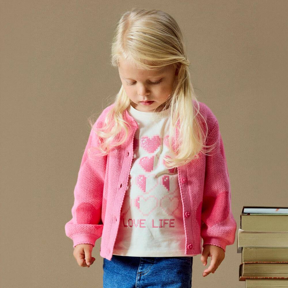 NAME IT-Girls Pink Cotton Knit Cardigan with Heart Motifs | Childrensalon