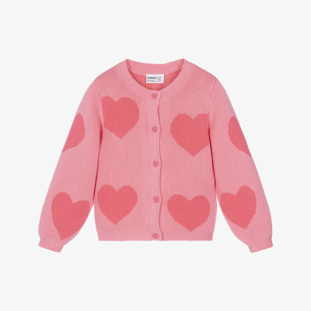 NAME IT-Girls Pink Cotton Knit Cardigan with Heart Motifs | Childrensalon