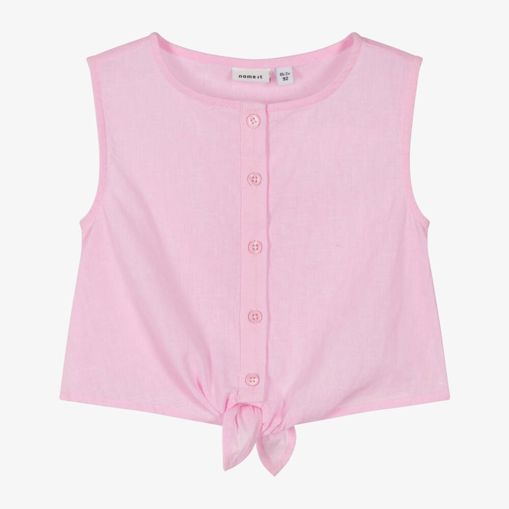 NAME IT-Girls Pink Cotton & Linen Tie-Front Blouse | Childrensalon