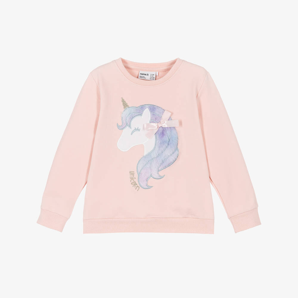 NAME IT-Girls Pink Cotton Sweatshirt with Unicorn Motif | Childrensalon