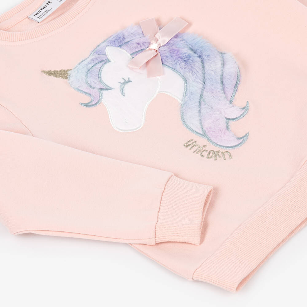 NAME IT-Girls Pink Cotton Sweatshirt with Unicorn Motif | Childrensalon