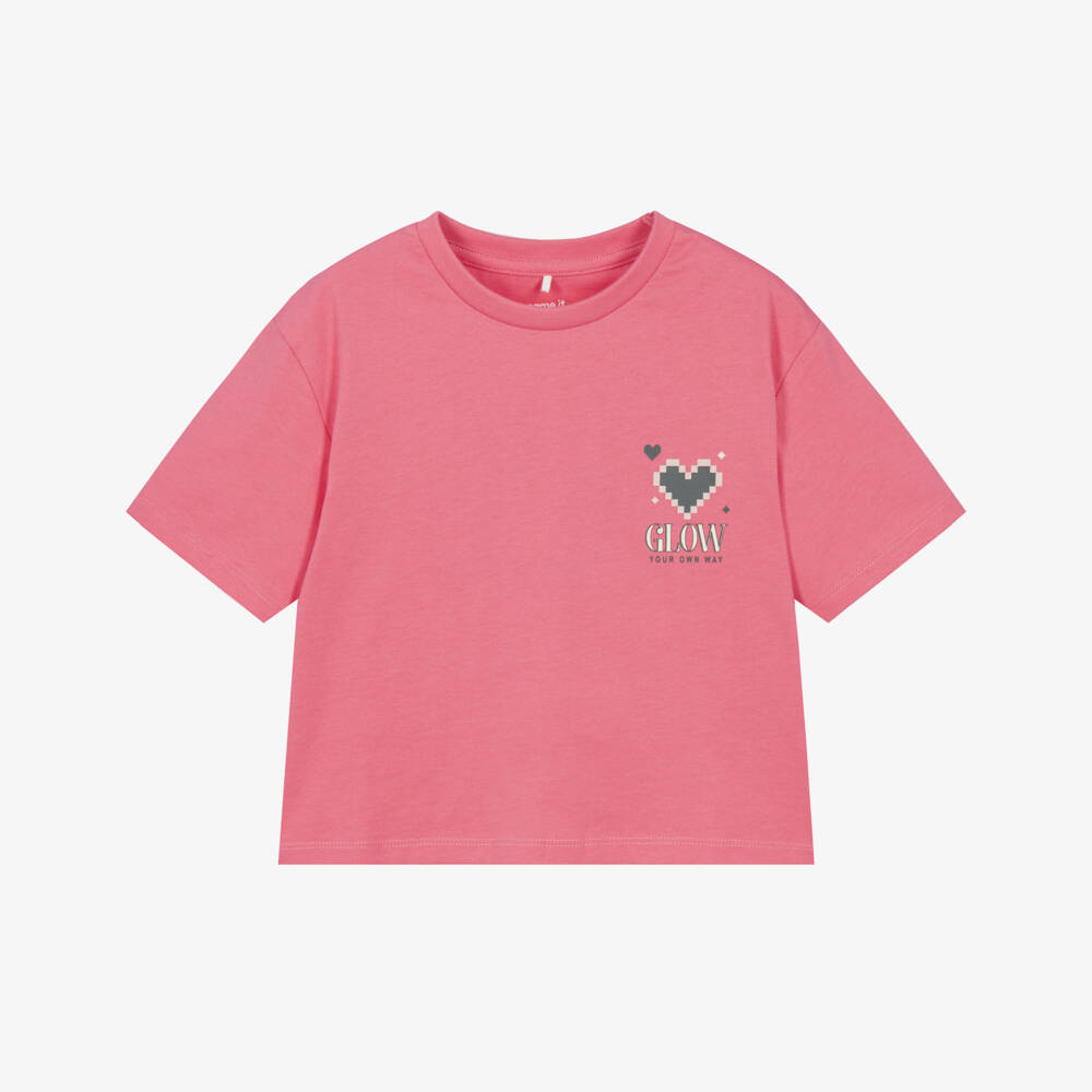 NAME IT-Girls Pink Cotton T-Shirt with Heart Motif | Childrensalon