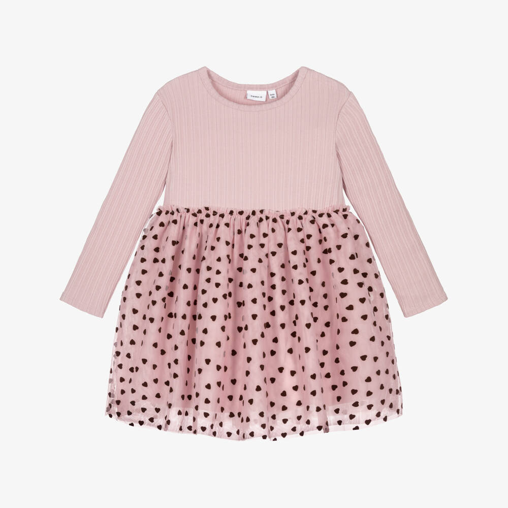 NAME IT-Girls Pink Dress with Felted Heart Tulle Skirt | Childrensalon
