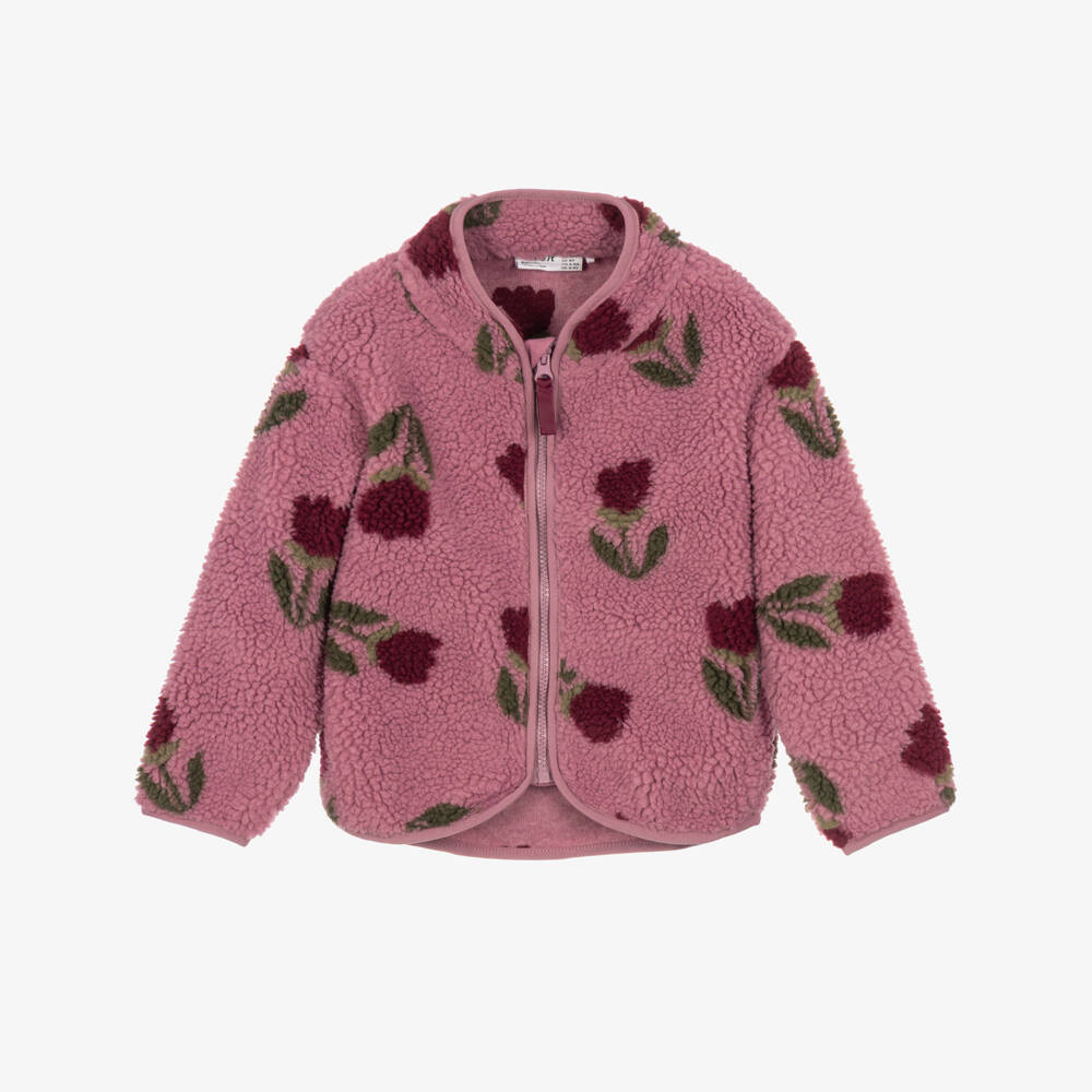NAME IT-Girls Pink Fleece Zip-Up Top with Burgundy Flowers | Childrensalon