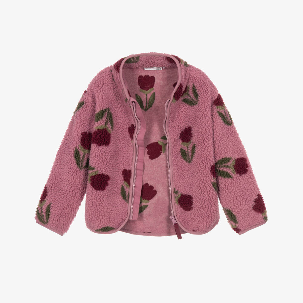 NAME IT-Girls Pink Fleece Zip-Up Top with Burgundy Flowers | Childrensalon