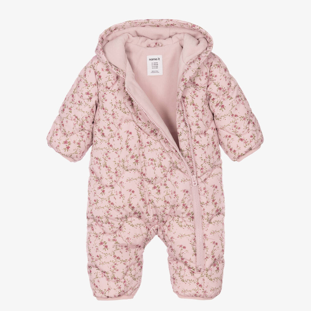 NAME IT-Girls Pink Floral Padded Pramsuit | Childrensalon