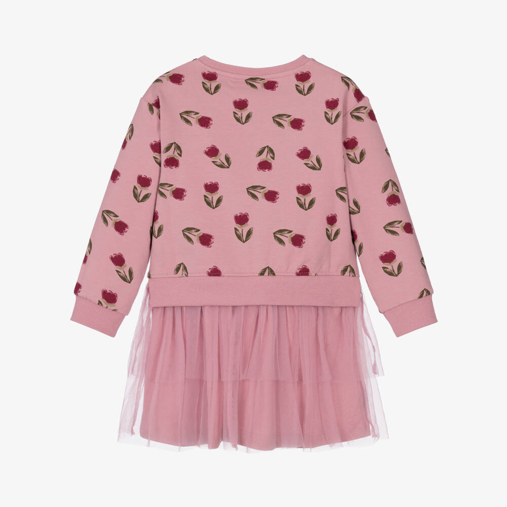 NAME IT-Girls Pink Floral Print Jersey Dress with Tulle Skirt | Childrensalon