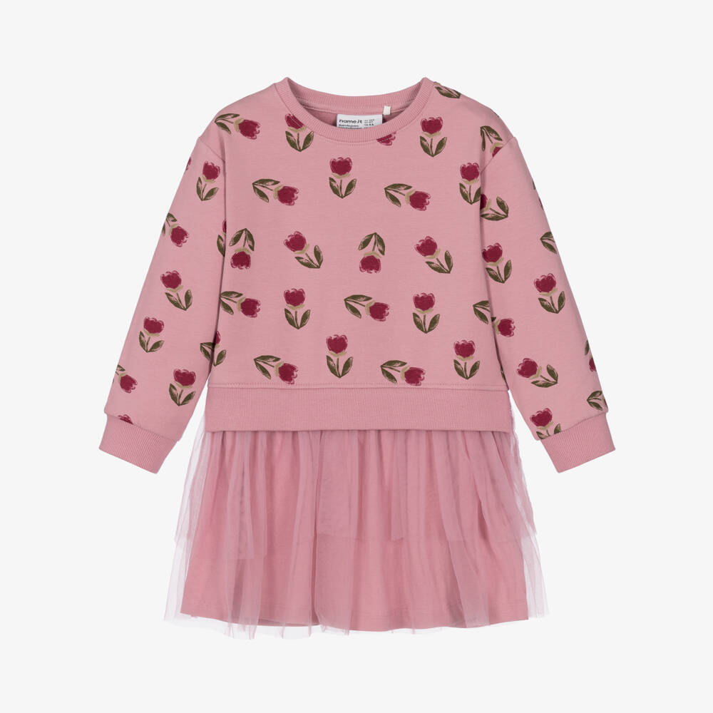 NAME IT-Girls Pink Floral Print Jersey Dress with Tulle Skirt | Childrensalon