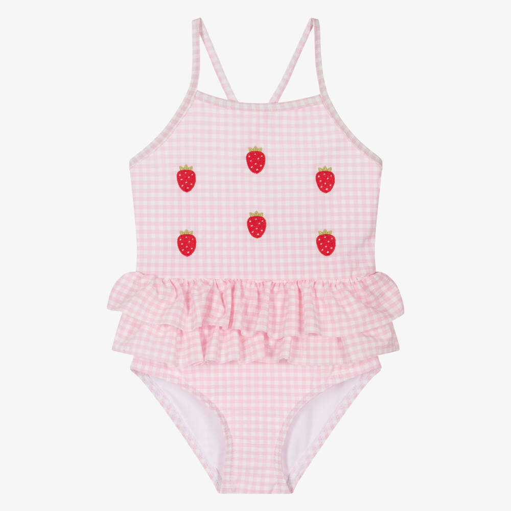 NAME IT-Girls Pink Gingham Swimsuit with Strawberry Motifs | Childrensalon