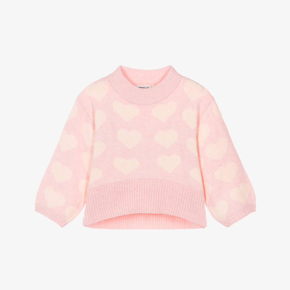 NAME IT-Girls Pink Knit Sweater with Heart Motifs | Childrensalon
