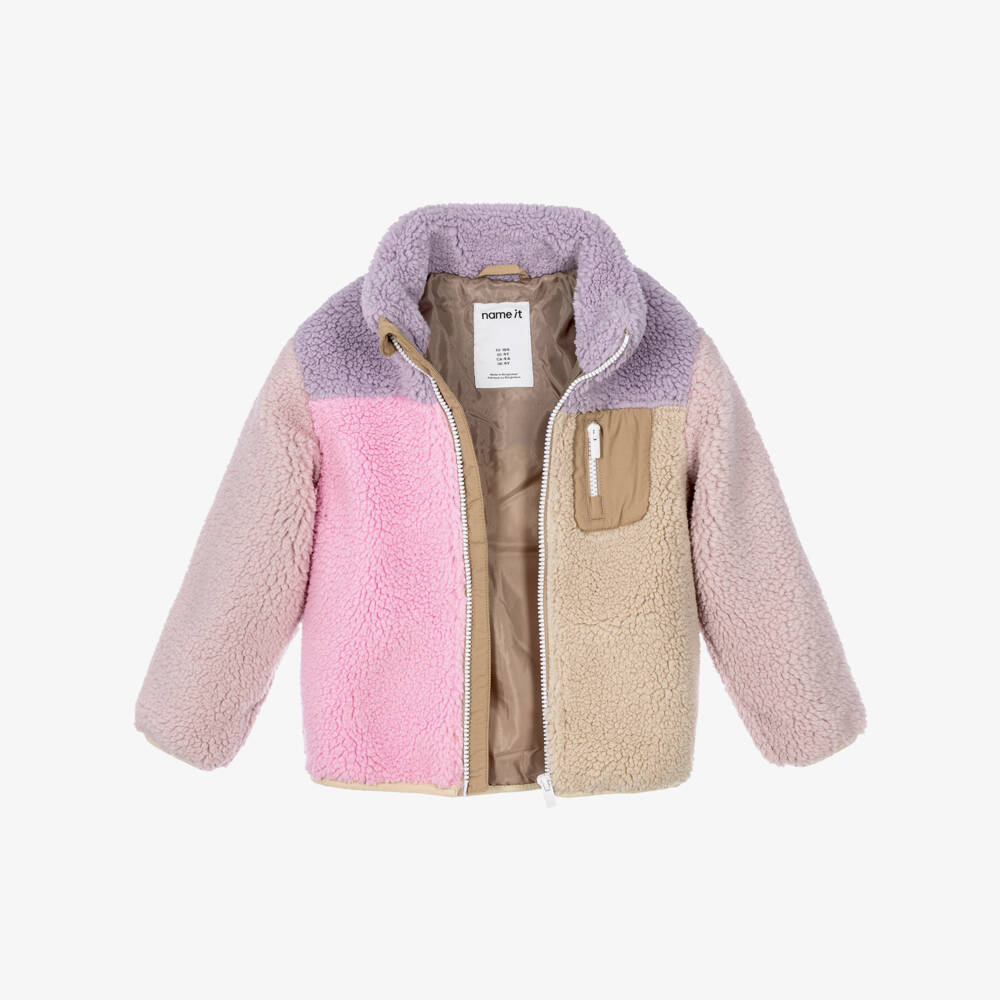 NAME IT-Girls Pink & Lilac Colourblock Teddy Fleece Jacket | Childrensalon