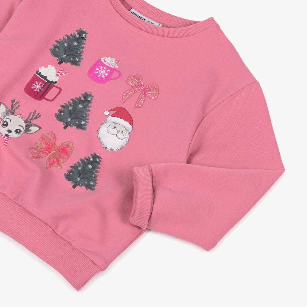 NAME IT-Girls Pink Organic Cotton Christmas Print Sweatshirt | Childrensalon