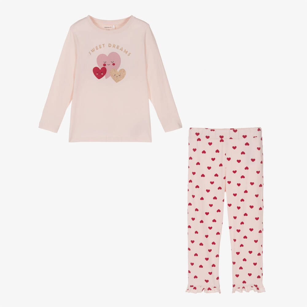 NAME IT-Girls Pink Organic Cotton Heart Print Pyjamas | Childrensalon