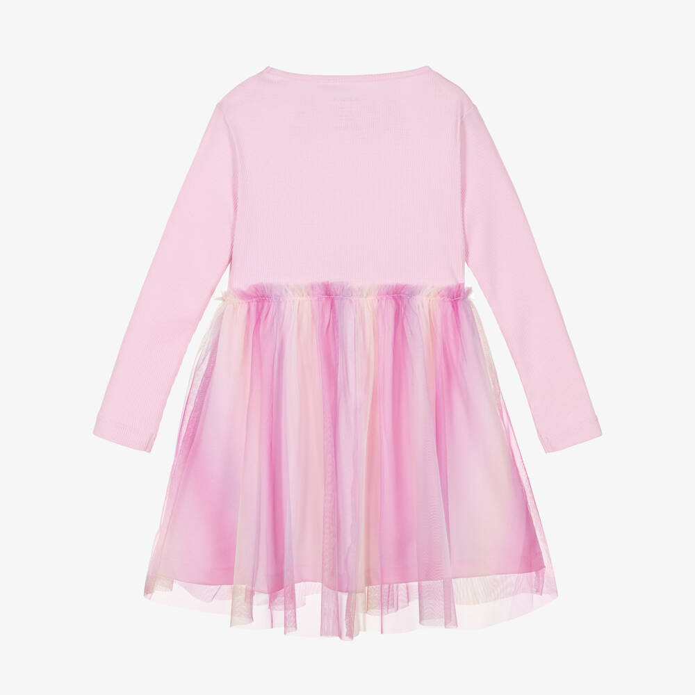 NAME IT-Girls Pink Organic Cotton Jersey Dress with Tulle Overlay | Childrensalon