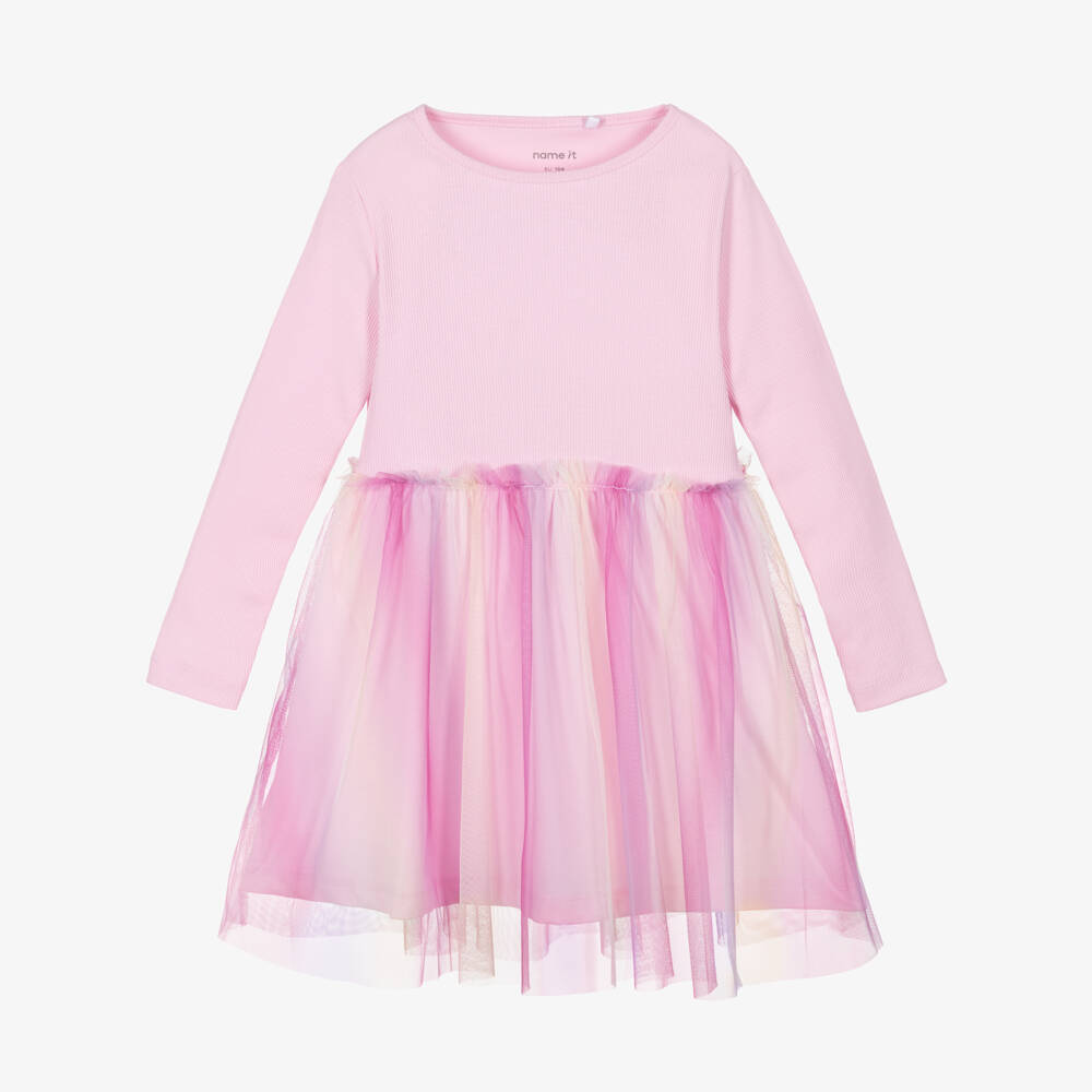 NAME IT-Girls Pink Organic Cotton Jersey Dress with Tulle Overlay | Childrensalon