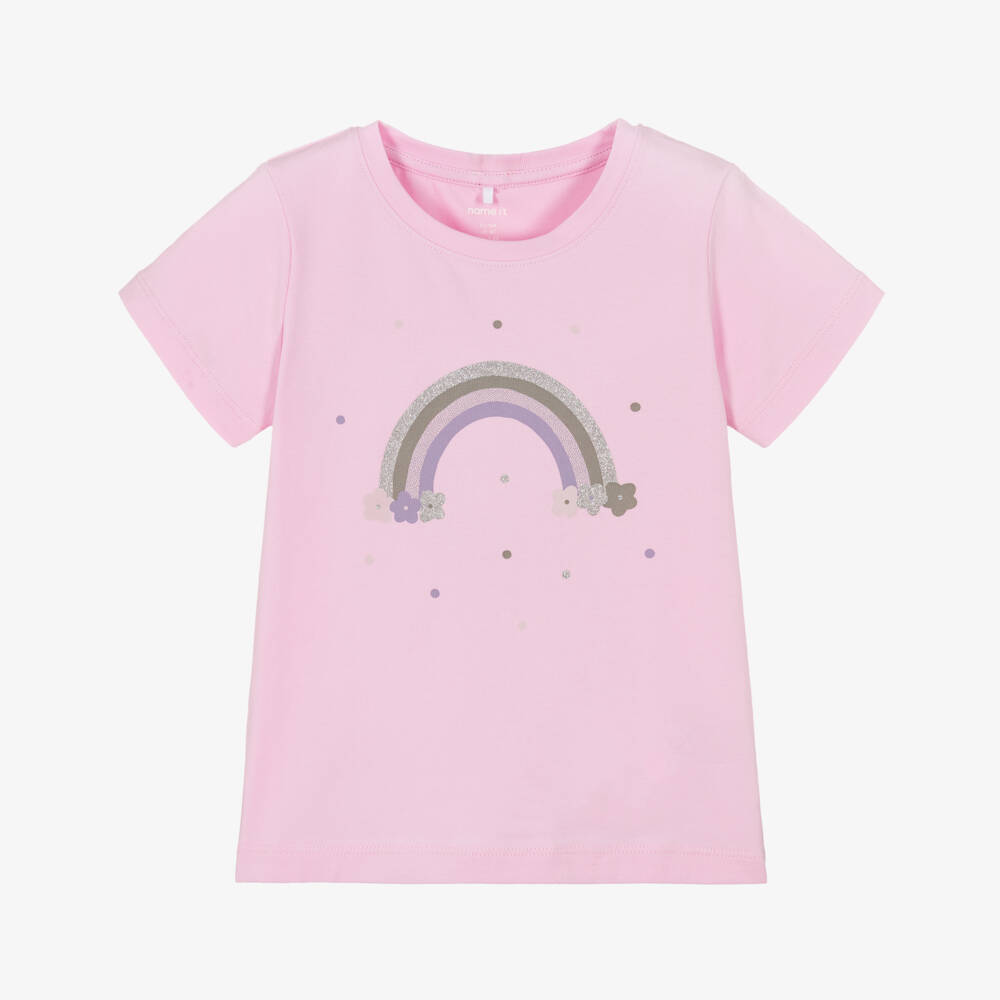 NAME IT-Girls Pink Organic Cotton Rainbow Print T-Shirt | Childrensalon
