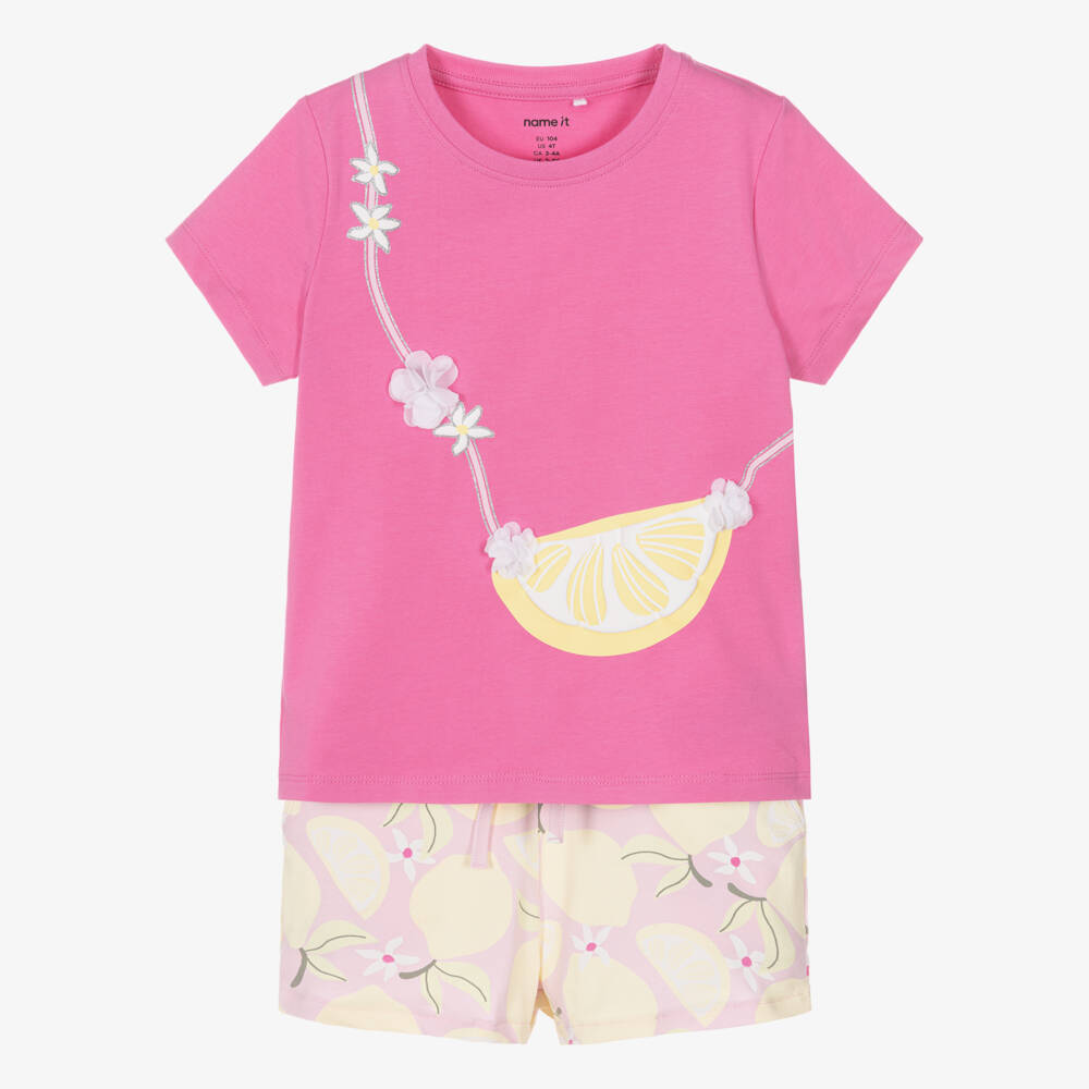 NAME IT-Girls Pink Organic Cotton Shorts Set with Lemon Print | Childrensalon