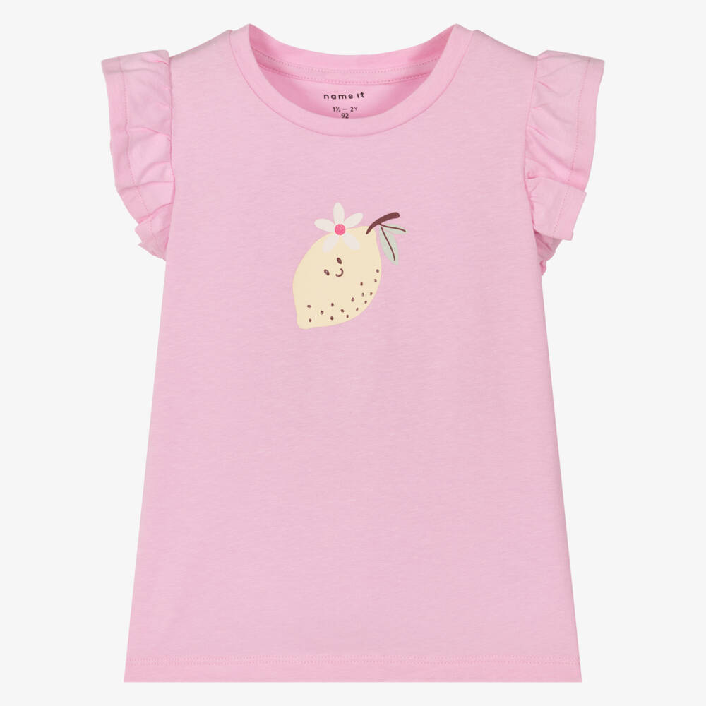 NAME IT-Girls Pink Organic Cotton T-Shirt with Lemon Print | Childrensalon