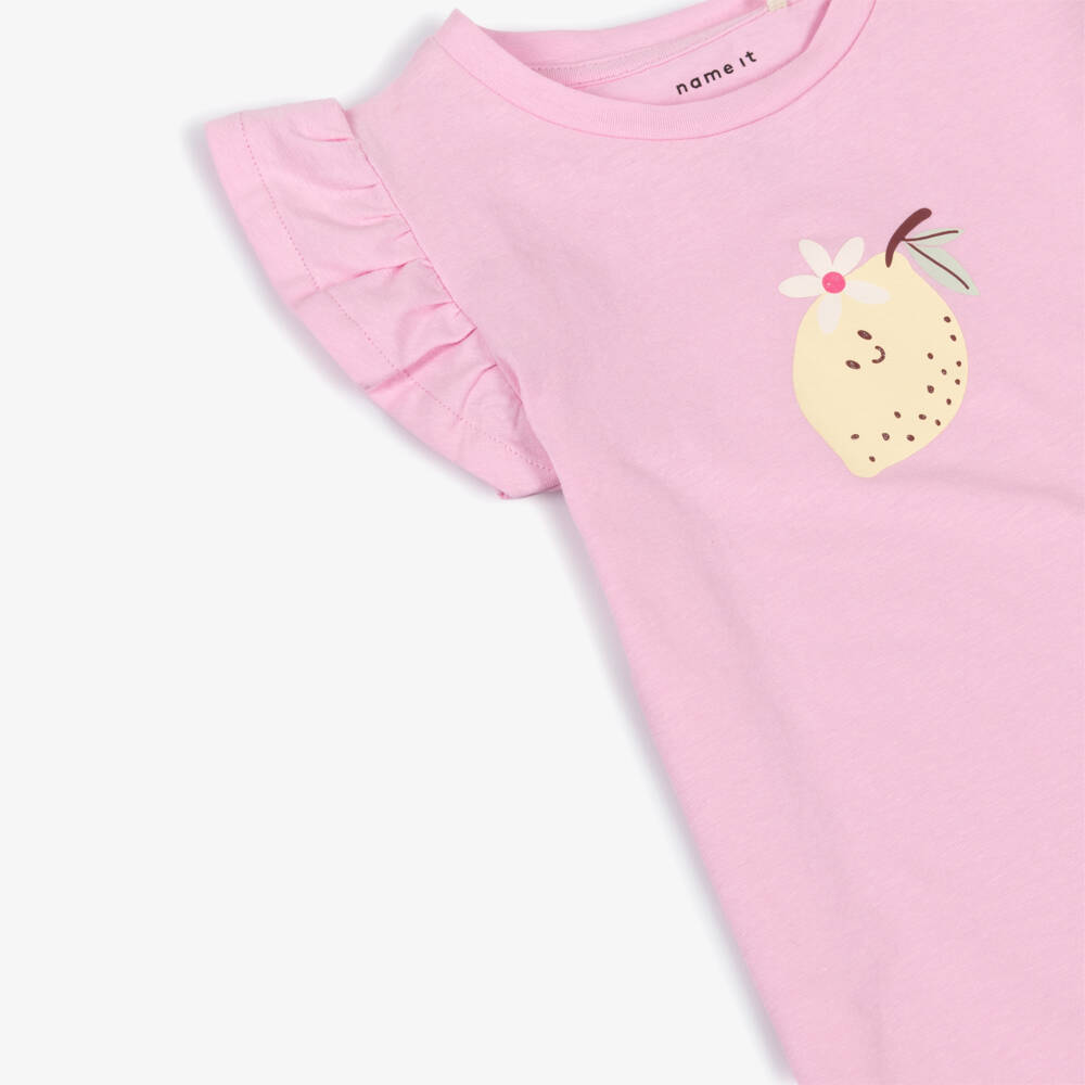 NAME IT-Girls Pink Organic Cotton T-Shirt with Lemon Print | Childrensalon