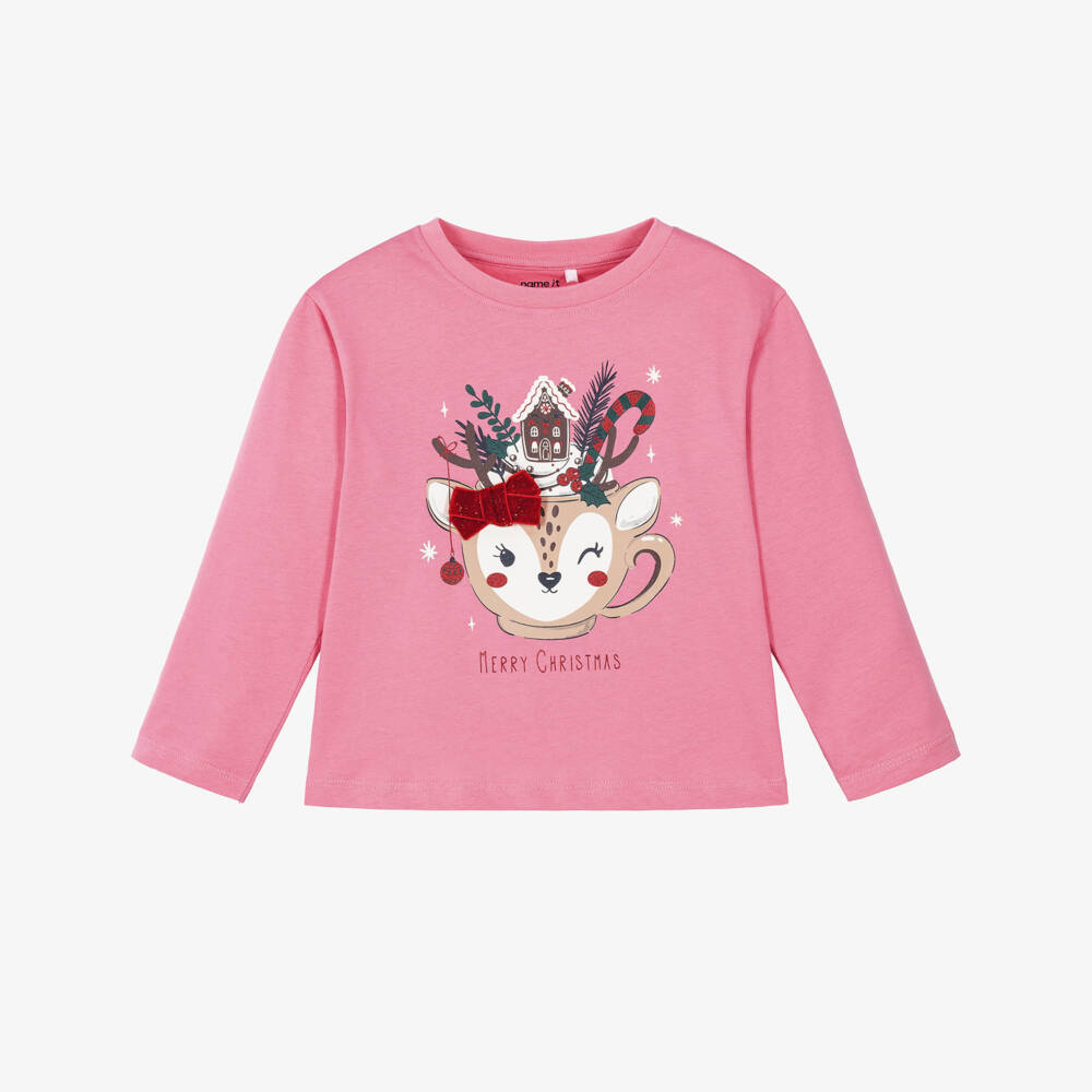 NAME IT-Girls Pink Top with Christmas Reindeer | Childrensalon