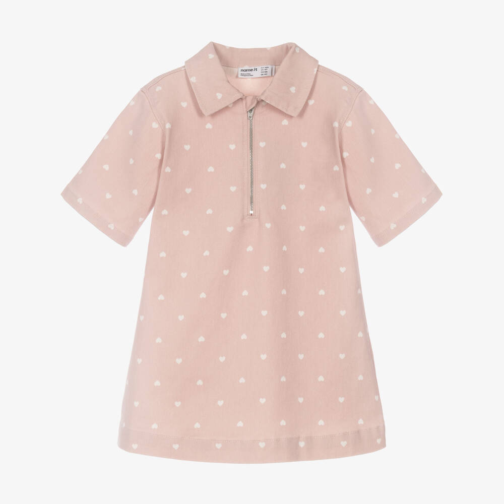 NAME IT-Girls Pink Twill Shirt Dress with Heart Print | Childrensalon
