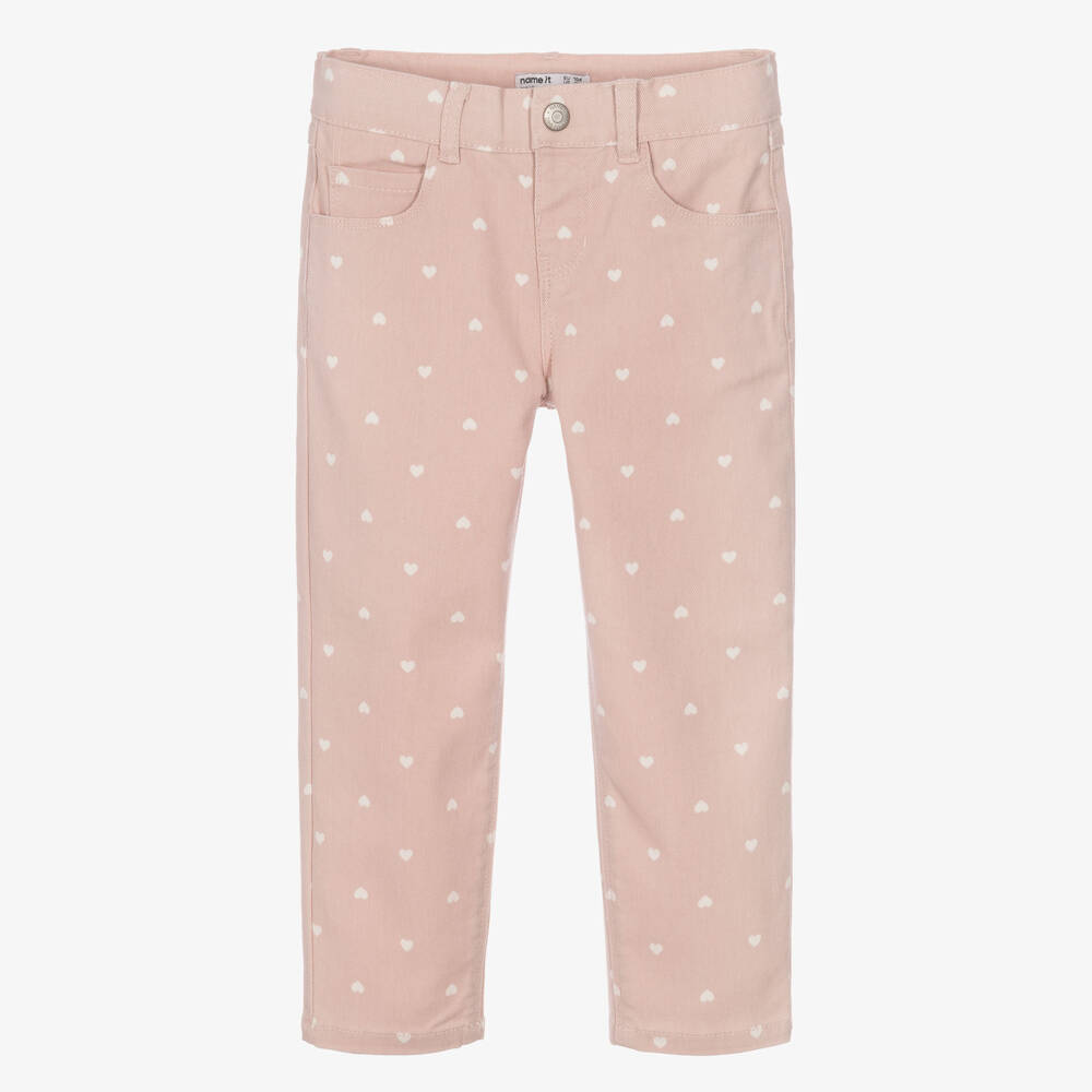 NAME IT-Girls Pink Twill Trousers with Heart Print | Childrensalon
