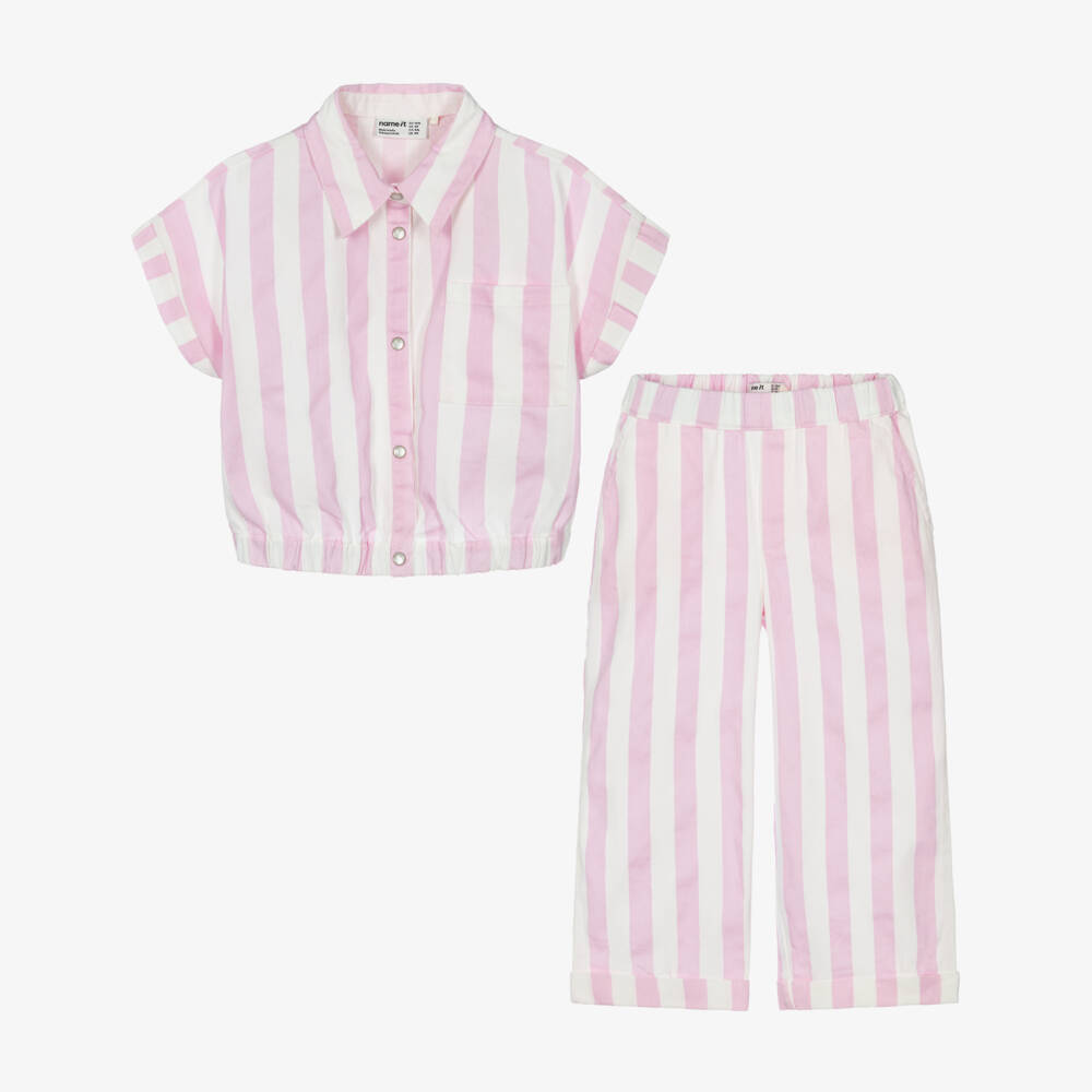 NAME IT-Girls Pink & White Striped Trouser Set | Childrensalon