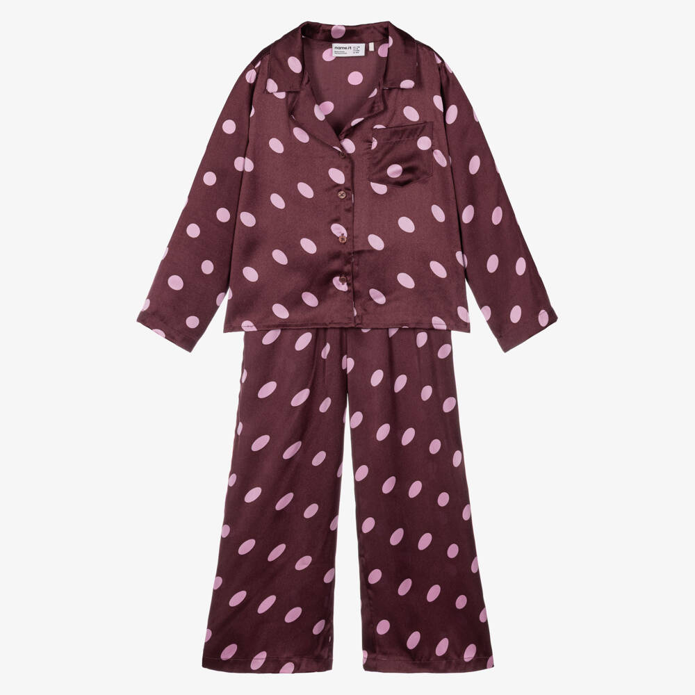 NAME IT-Girls Plum & Pink Polka Dot Satin Pyjamas | Childrensalon