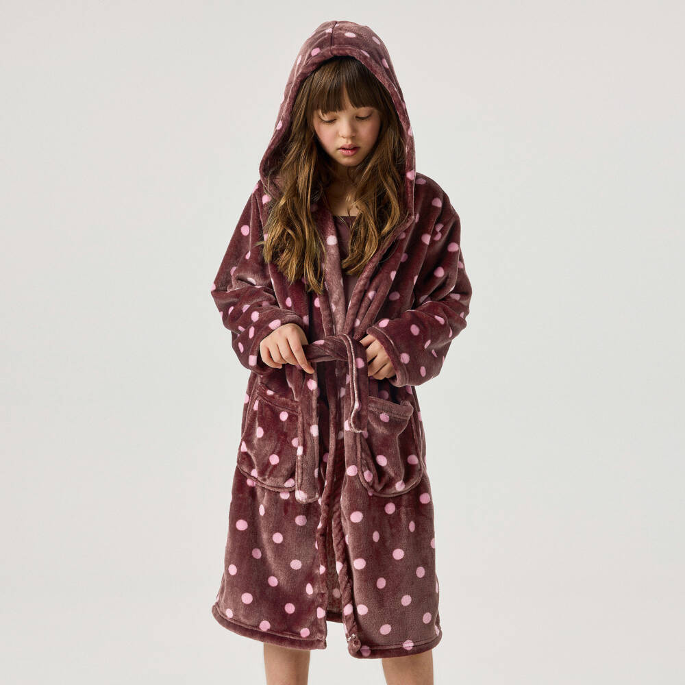 NAME IT-Girls Plum & Pink Polka Dot Velour Dressing Gown | Childrensalon