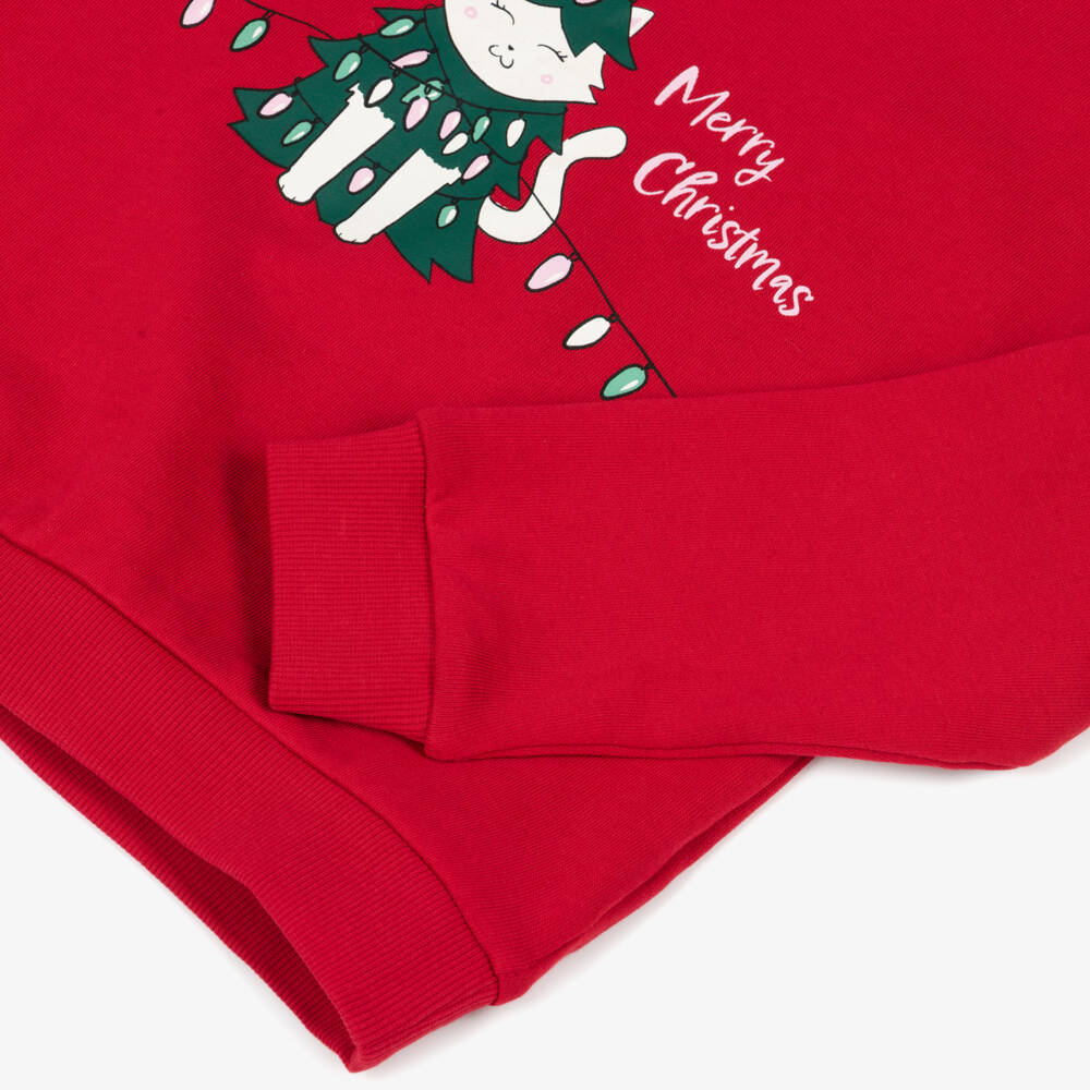 NAME IT-Girls Red Cotton Christmas Tree Cat Sweatshirt | Childrensalon