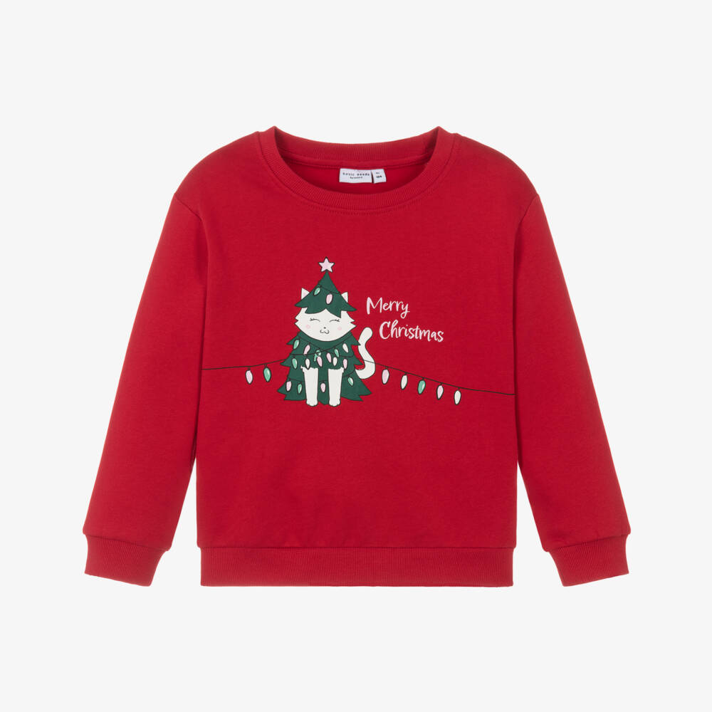 NAME IT-Girls Red Cotton Christmas Tree Cat Sweatshirt | Childrensalon