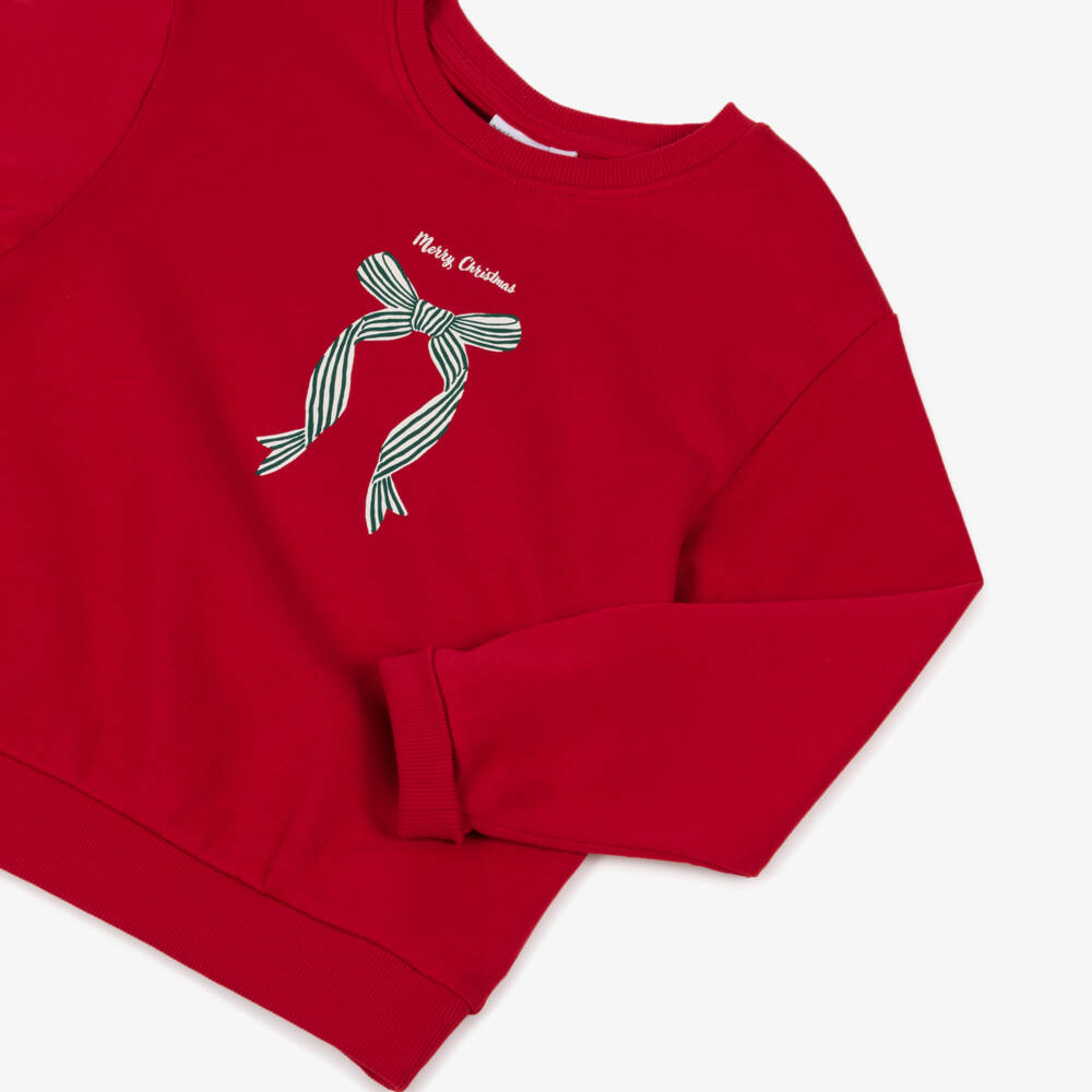 NAME IT-سويتشيرت قطن مزين بفيونكة احتفالية لون أحمر للبنات | Childrensalon
