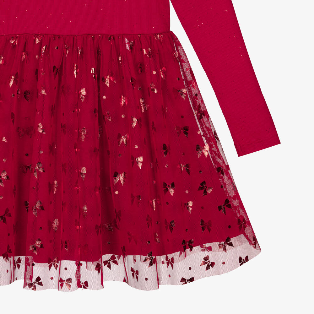 NAME IT-Girls Red Cotton Jersey & Tulle Bow Print Dress  | Childrensalon