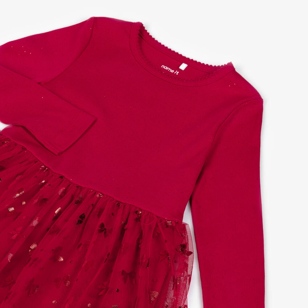NAME IT-Girls Red Cotton Jersey & Tulle Bow Print Dress  | Childrensalon