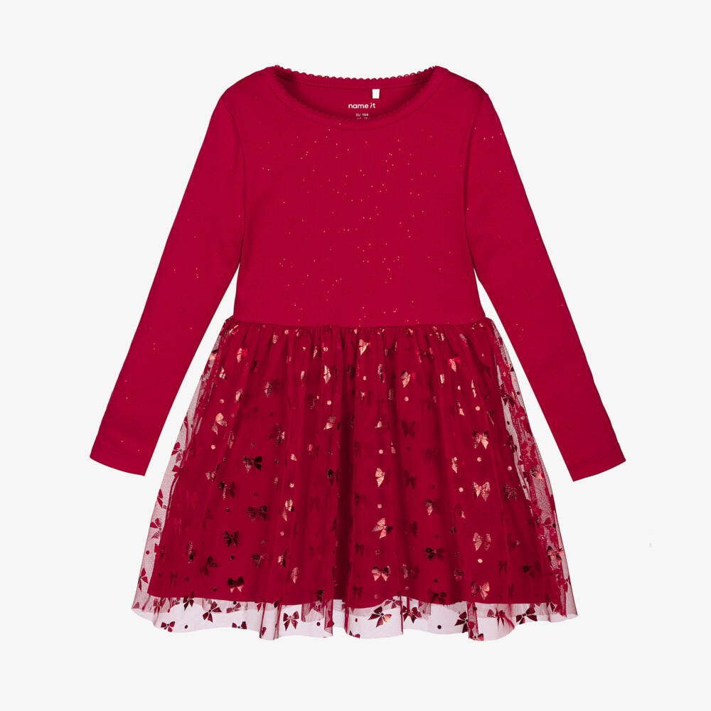 NAME IT-Girls Red Cotton Jersey & Tulle Bow Print Dress  | Childrensalon